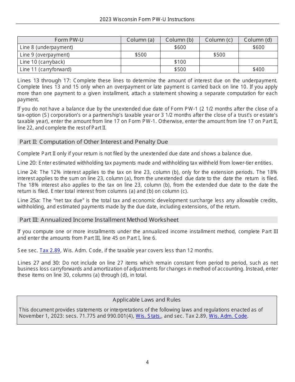 Instructions for Form PW-U, IC-006 Underpayment of Estimated Withholding Tax by Pass-Through Entities - Wisconsin, Page 4