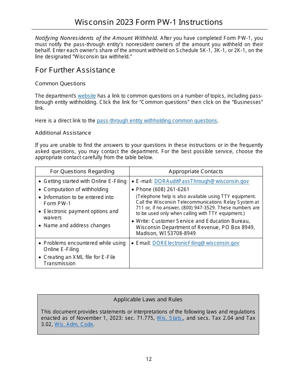 Download Instructions For Form Pw 1 Ic 004 Wisconsin Nonresident Income Or Franchise Tax 8561