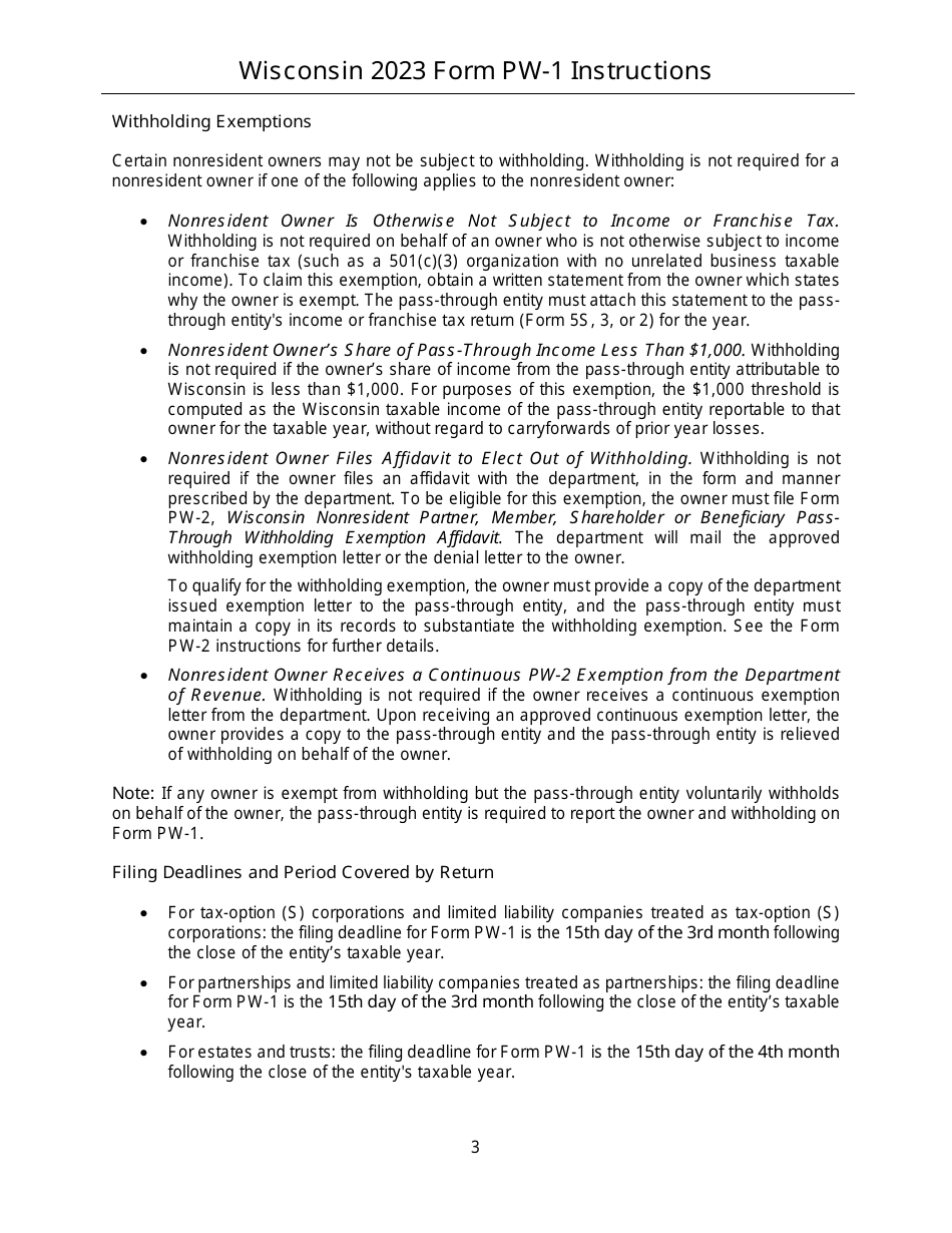 Instructions for Form PW-1, IC-004 Wisconsin Nonresident Income or Franchise Tax Withholding on Pass-Through Entity Income - Wisconsin, Page 3