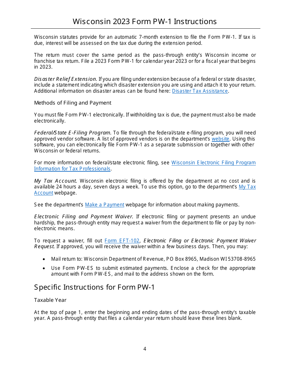 Instructions for Form PW-1, IC-004 Wisconsin Nonresident Income or Franchise Tax Withholding on Pass-Through Entity Income - Wisconsin, Page 4