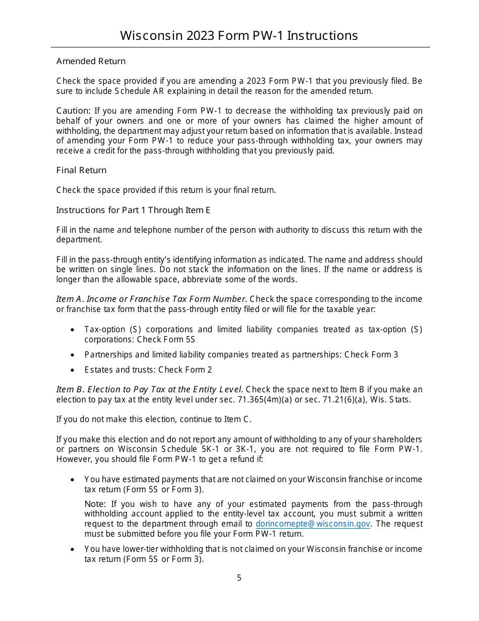 Instructions for Form PW-1, IC-004 Wisconsin Nonresident Income or Franchise Tax Withholding on Pass-Through Entity Income - Wisconsin, Page 5