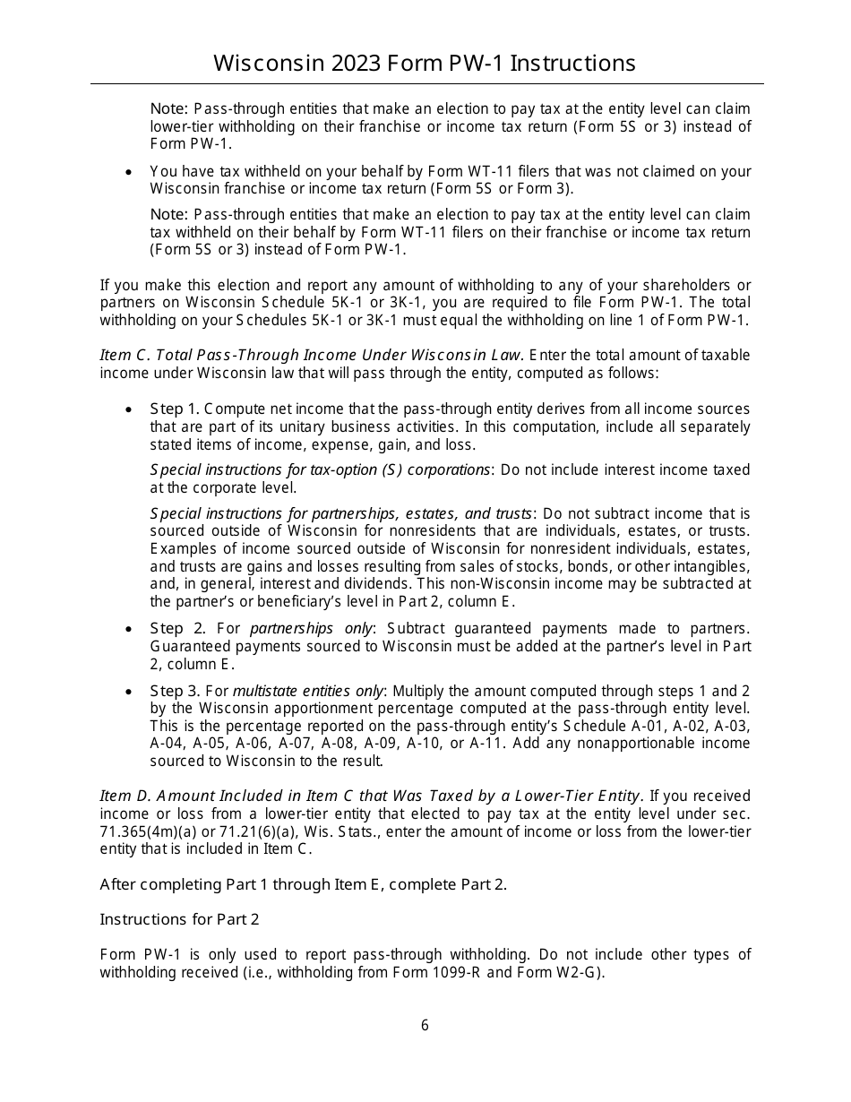 Instructions for Form PW-1, IC-004 Wisconsin Nonresident Income or Franchise Tax Withholding on Pass-Through Entity Income - Wisconsin, Page 6