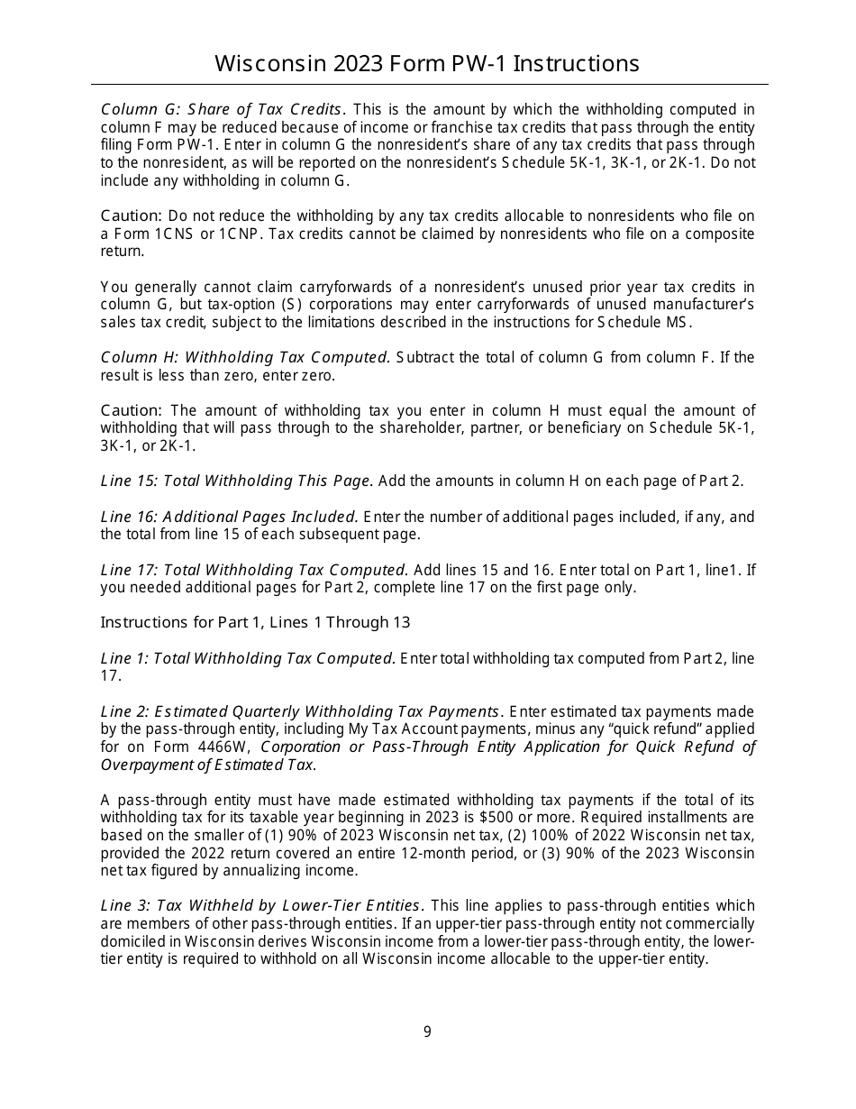 Instructions for Form PW-1, IC-004 Wisconsin Nonresident Income or Franchise Tax Withholding on Pass-Through Entity Income - Wisconsin, Page 9