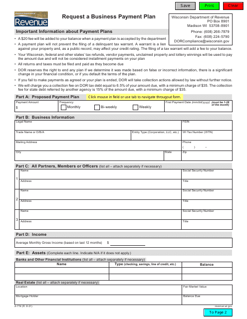 Form A-774 Request a Business Payment Plan - Wisconsin