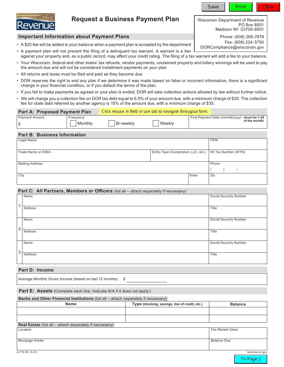 Form A-774 Request a Business Payment Plan - Wisconsin, Page 1
