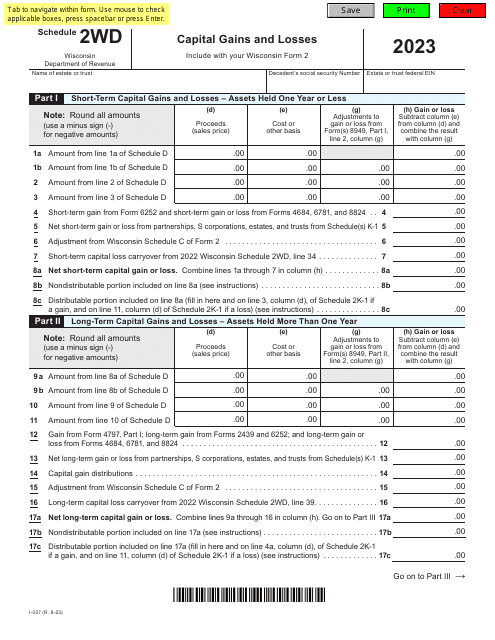 Form I-027 Schedule 2WD Capital Gains and Losses - Wisconsin, 2023