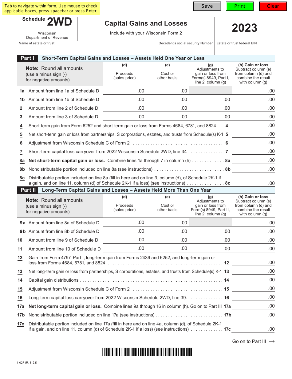 Form I-027 Schedule 2WD Capital Gains and Losses - Wisconsin, Page 1