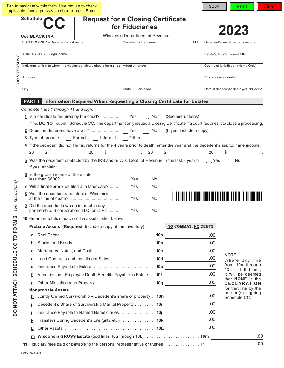 Form I-030 Schedule CC Request for a Closing Certificate for Fiduciaries - Wisconsin, Page 2