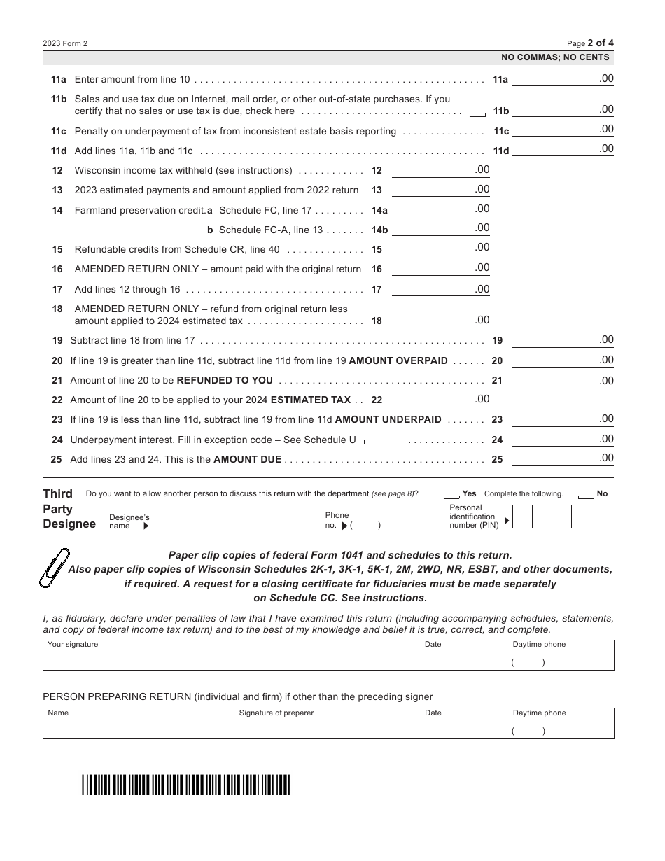 Form 2 (I-020) Wisconsin Fiduciary Income Tax for Estates or Trusts - Wisconsin, Page 2