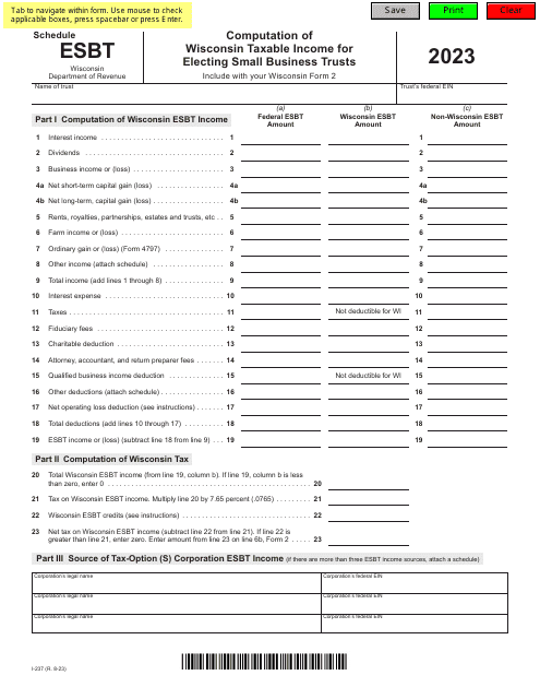 Form I-237 Schedule ESBT Computation of Wisconsin Taxable Income for Electing Small Business Trusts - Wisconsin, 2023
