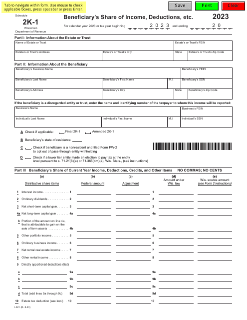 Form I-021 Schedule 2K-1 Beneficiary's Share of Income, Deductions, Etc. - Wisconsin, 2023