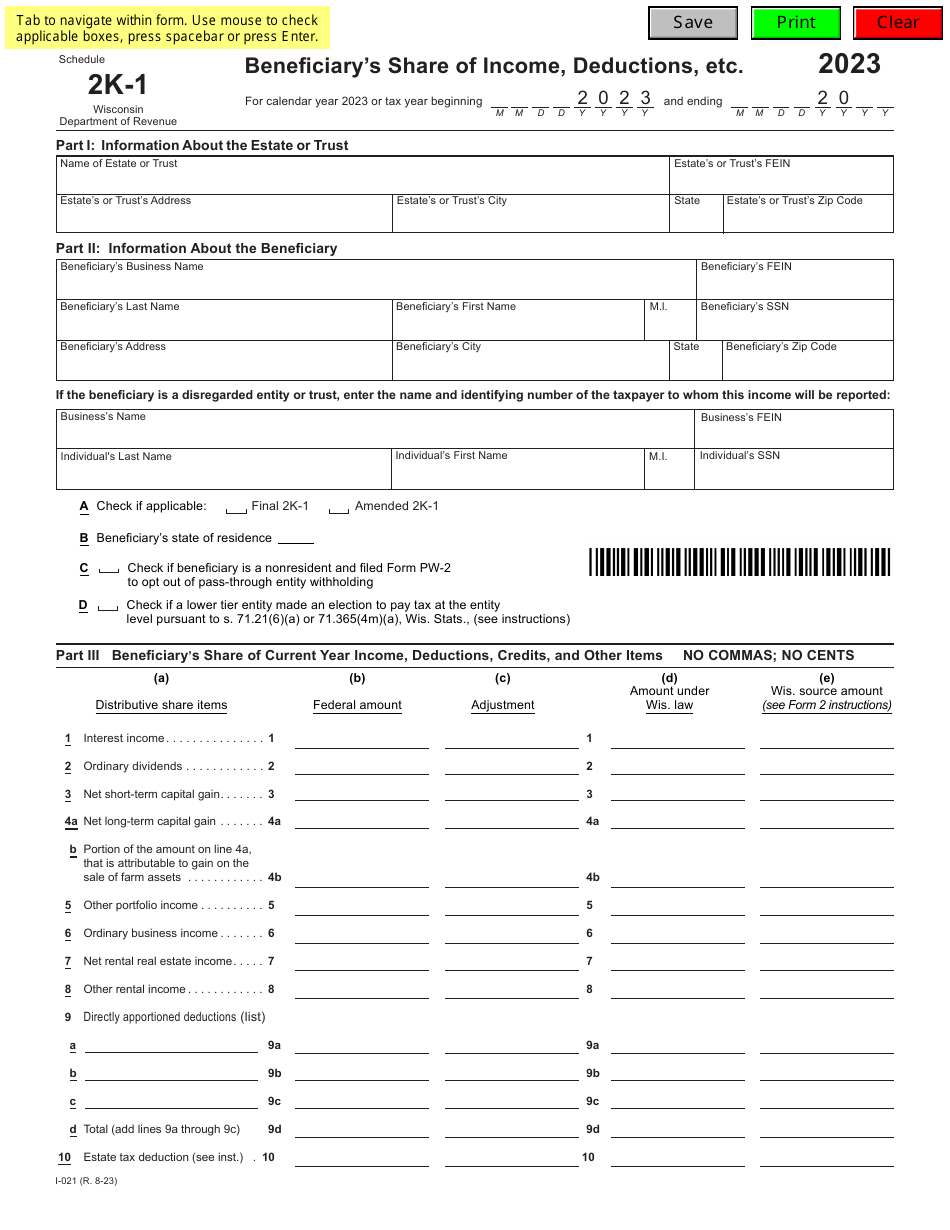 Form I-021 Schedule 2K-1 Beneficiarys Share of Income, Deductions, Etc. - Wisconsin, Page 1