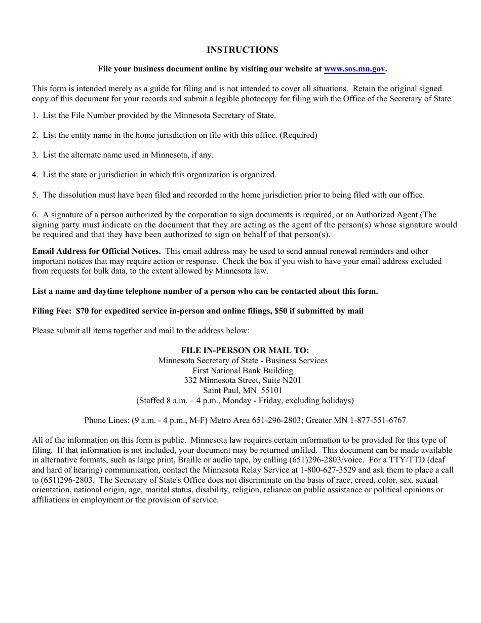Foreign Corporation or Cooperative Dissolution - Minnesota, Page 2