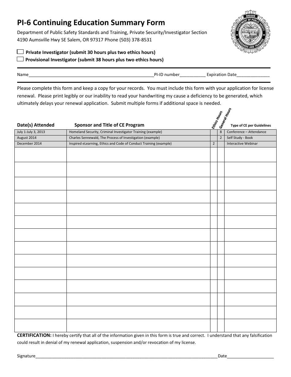 Form PI-6 Continuing Education Summary Form - Oregon, Page 1