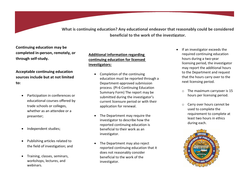 Form PI-6 Continuing Education Summary Form - Oregon, Page 3