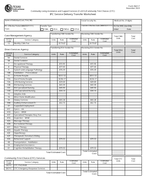 Form 3621-T Ipc Service Delivery Transfer Worksheet - Community Living Assistance and Support Services (Class)/Community First Choices (Cfc) - Texas