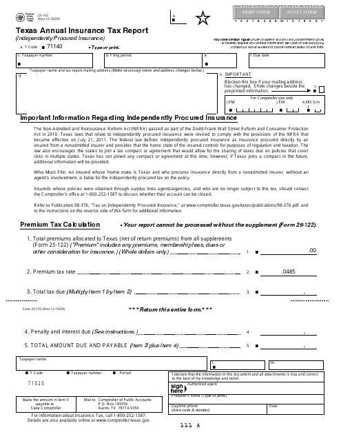 Form 25-103  Printable Pdf