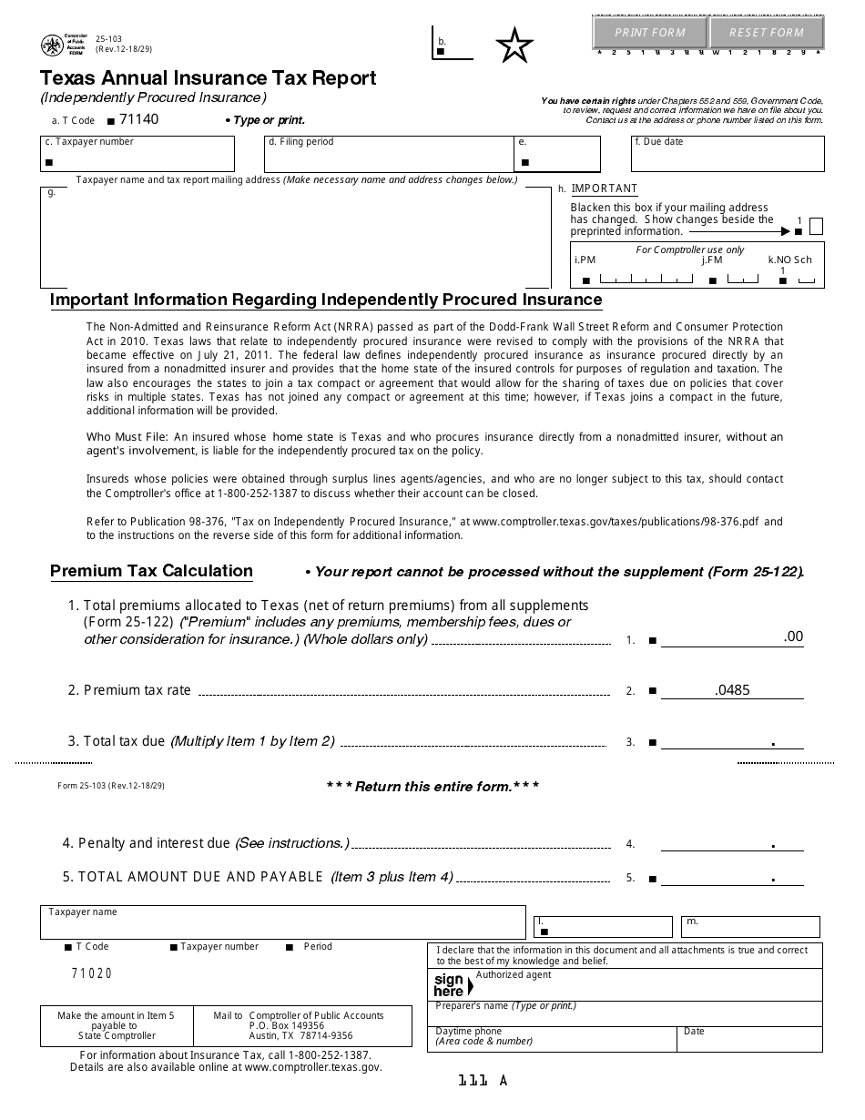 Form 25-103 Annual Insurance Tax Report - Independently Procured Insurance - Texas, Page 1