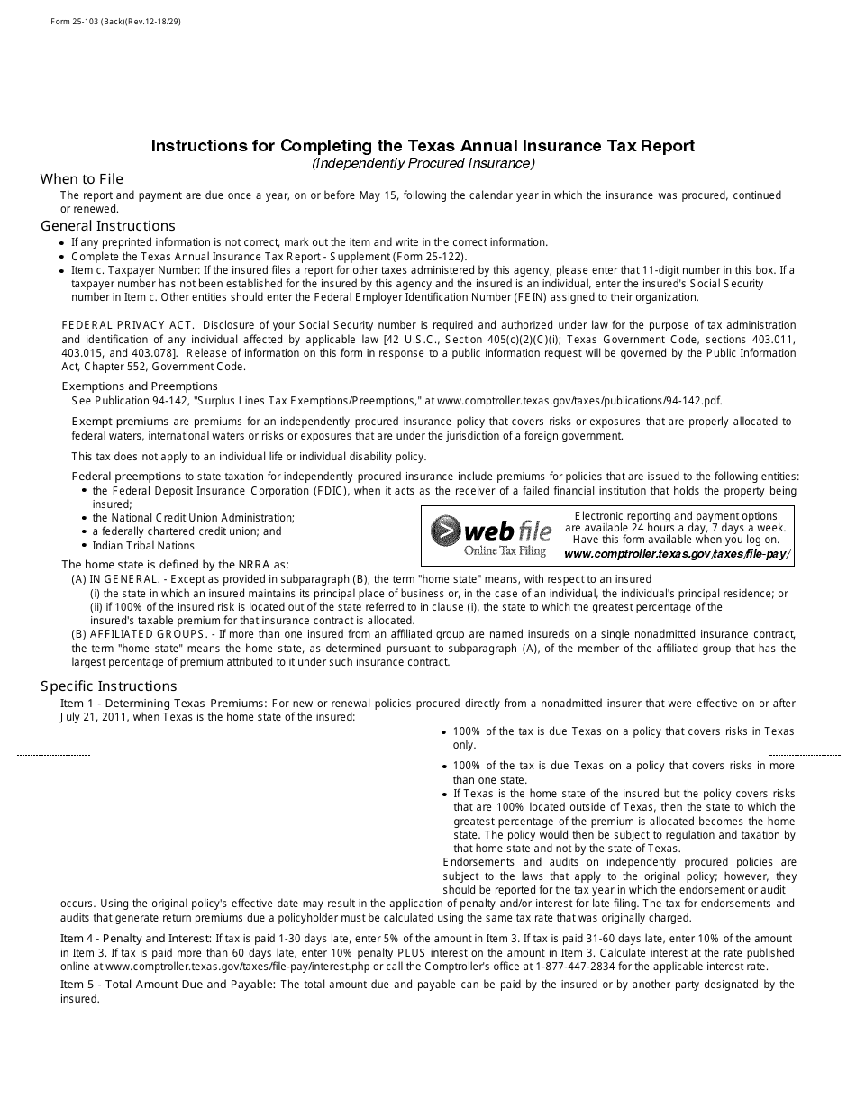 Form 25-103 Annual Insurance Tax Report - Independently Procured Insurance - Texas, Page 2
