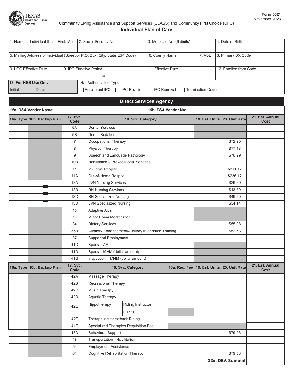 Form 3621 Individual Plan of Care - Community Living Assistance and Support Services (Class) and Community First Choice (Cfc) - Texas, Page 1
