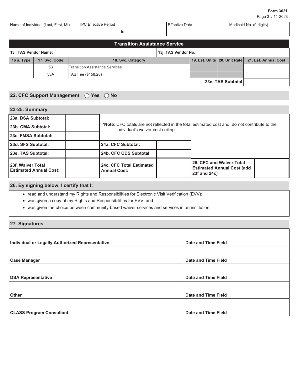 Form 3621 Individual Plan of Care - Community Living Assistance and Support Services (Class) and Community First Choice (Cfc) - Texas, Page 3