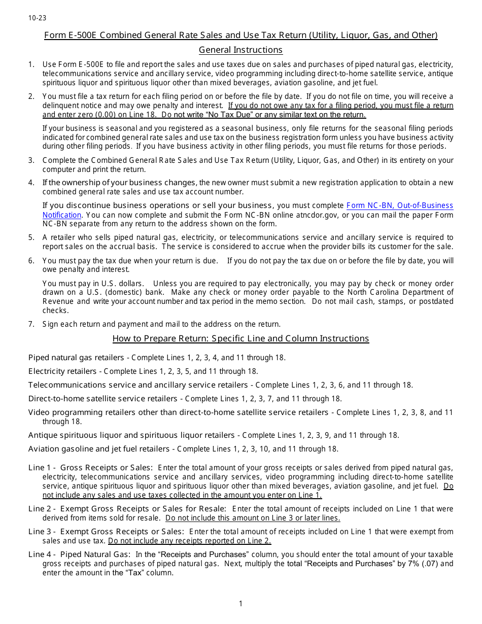 Instructions for Form E-500E Combined General Rate Sales and Use Tax Return - North Carolina, Page 1