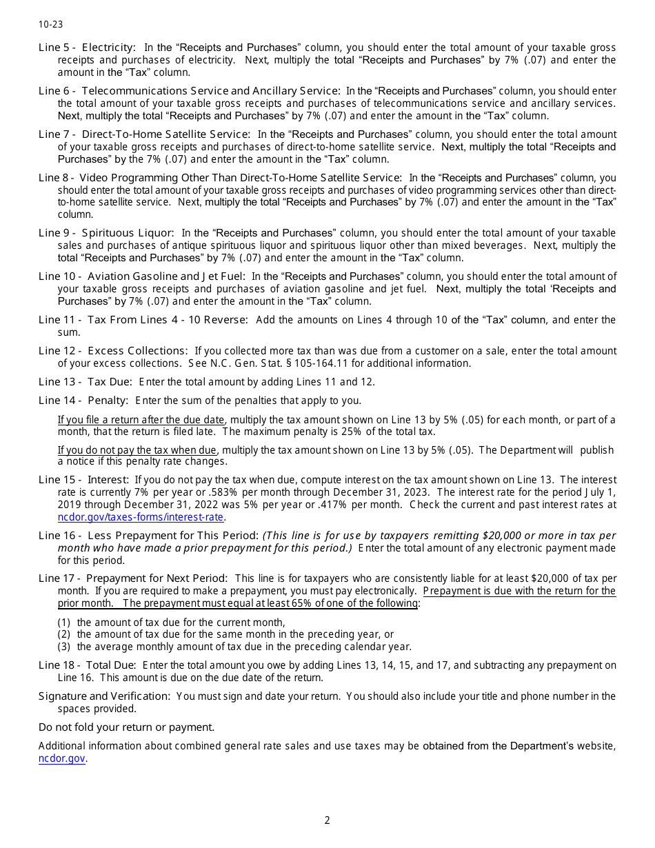 Instructions for Form E-500E Combined General Rate Sales and Use Tax Return - North Carolina, Page 2