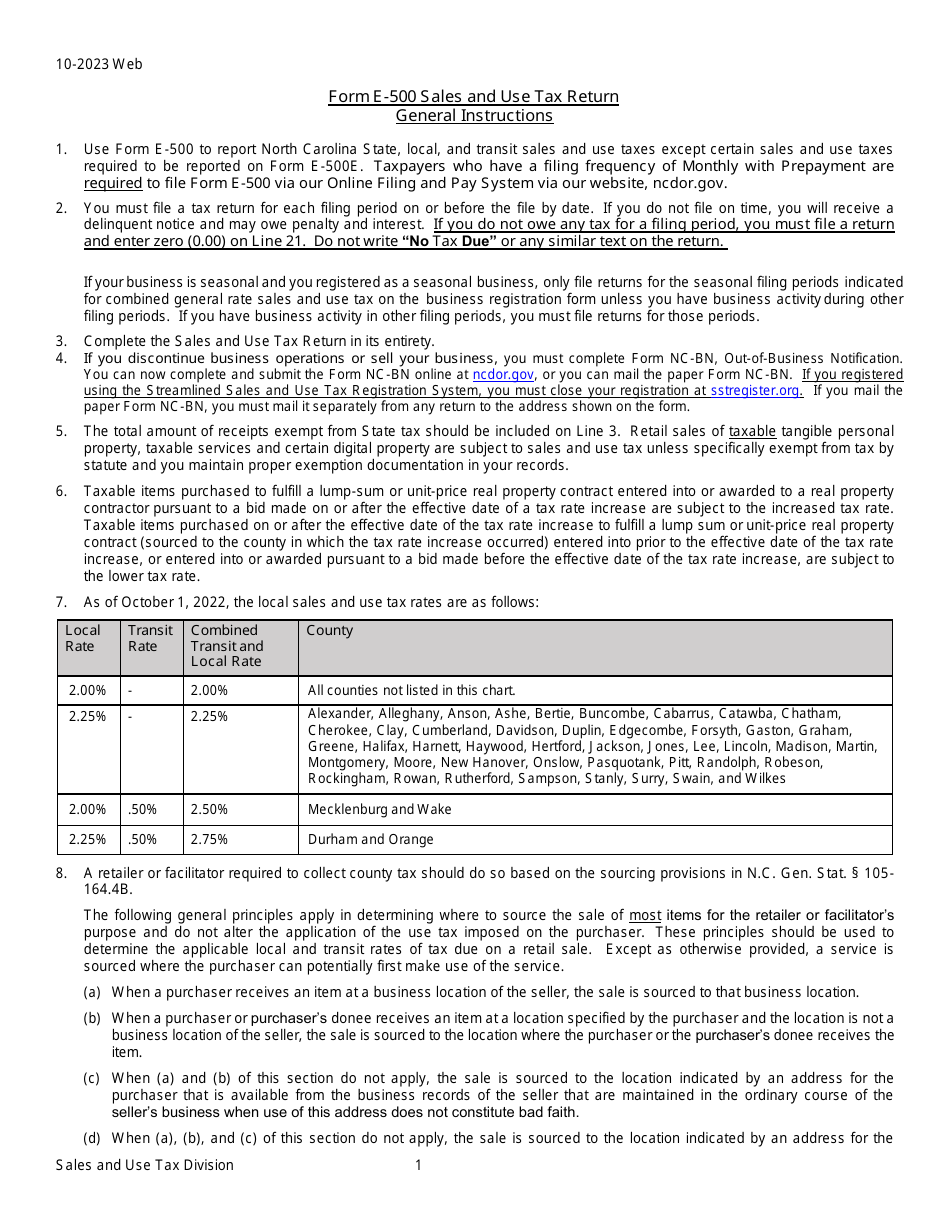 Instructions for Form E-500 Sales and Use Tax Return - North Carolina, Page 1