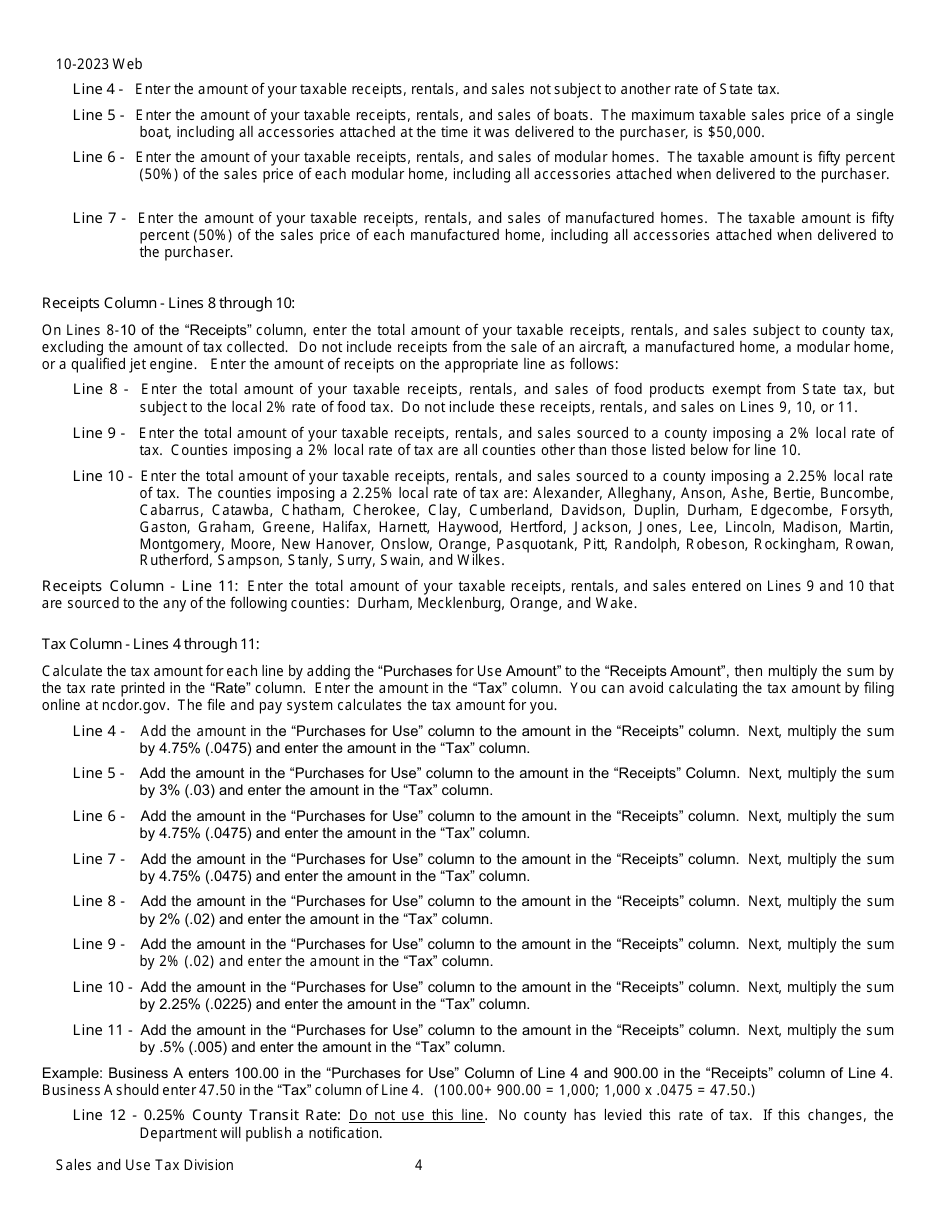 Instructions for Form E-500 Sales and Use Tax Return - North Carolina, Page 4