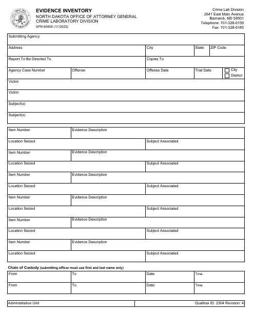 Form SFN60456 Evidence Inventory - North Dakota