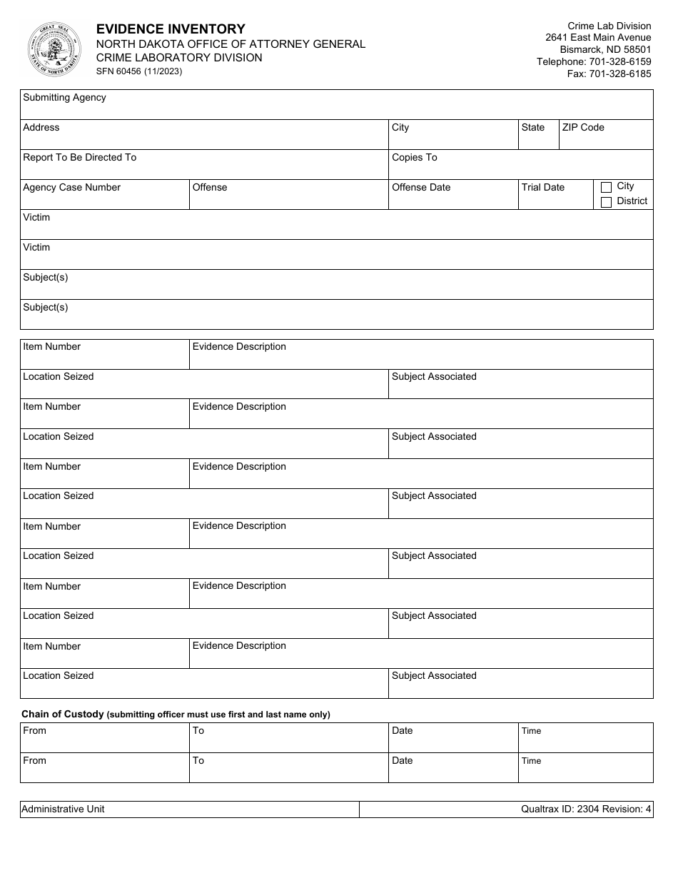 Form SFN60456 Evidence Inventory - North Dakota, Page 1