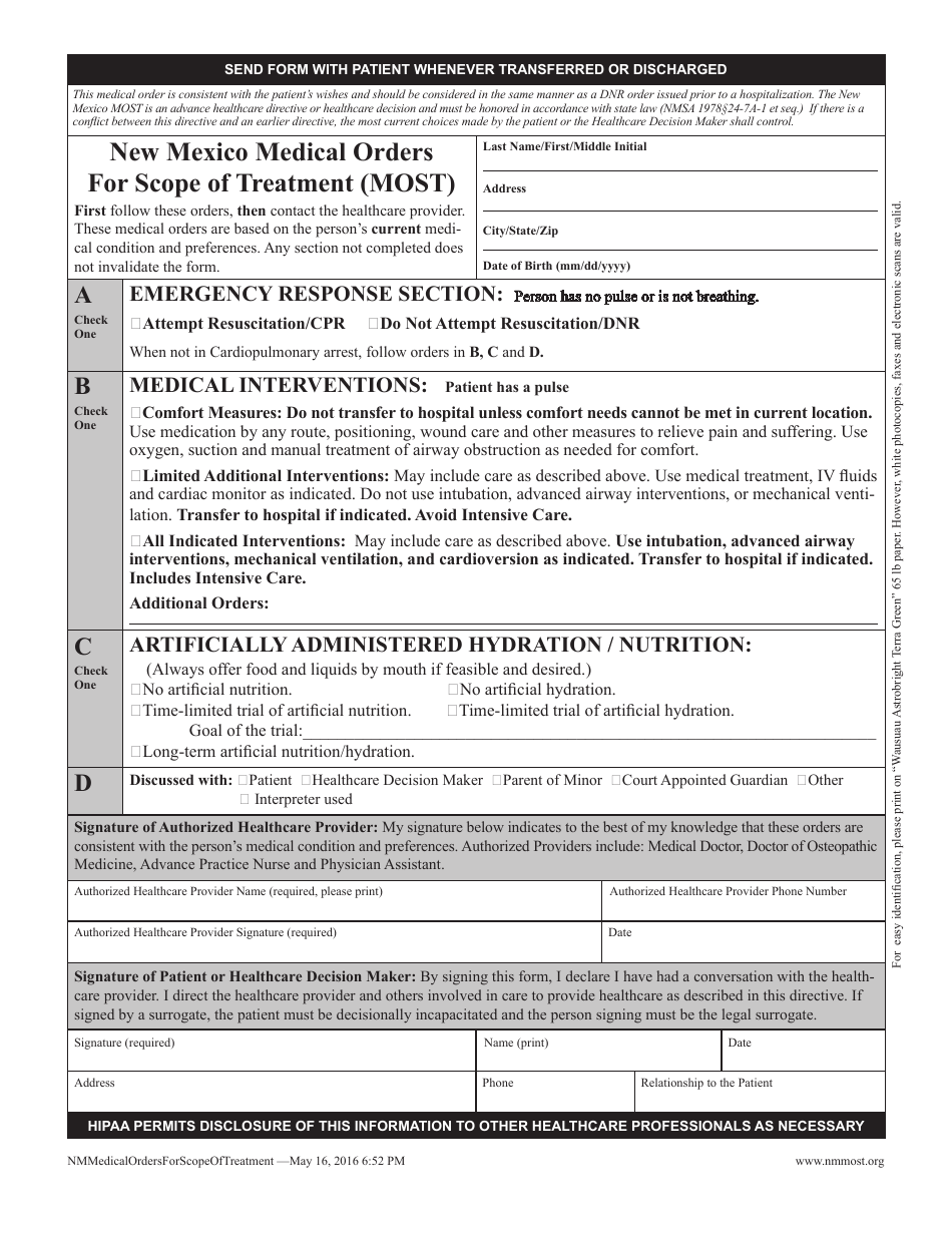 New Mexico New Mexico Medical Orders for Scope of Treatment (Most