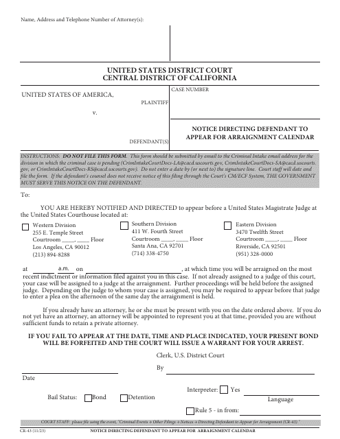 Form CR-43 Notice Directing Defendant to Appear for Arraignment Calendar - California