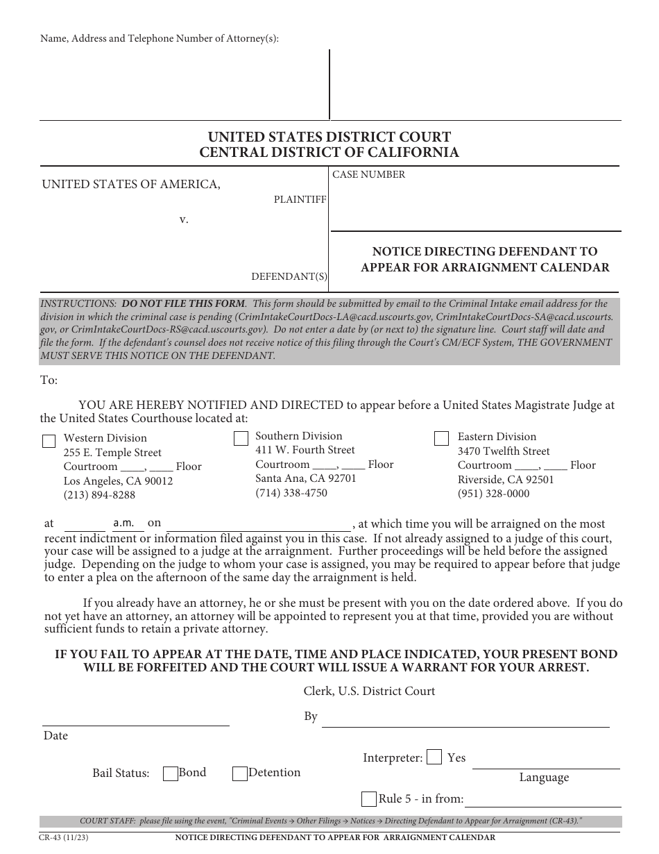 Form CR-43 Notice Directing Defendant to Appear for Arraignment Calendar - California, Page 1