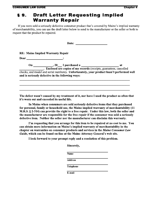 Draft Letter Requesting Implied Warranty Repair - Maine Download Pdf