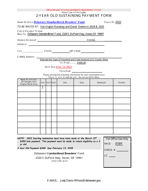 2-year Old Sustaining Payment Form - Delaware Standardbred Breeders' Fund - Delaware, 2025