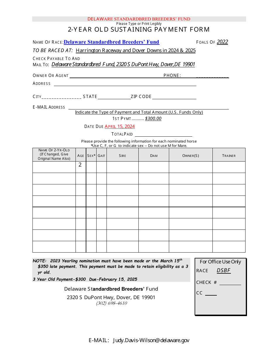 2-year Old Sustaining Payment Form - Delaware Standardbred Breeders Fund - Delaware, Page 1