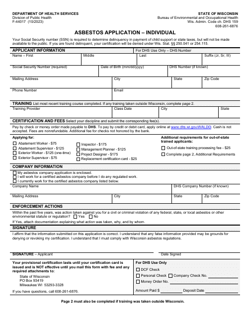 Form F-44017 Asbestos Application - Individual - Wisconsin