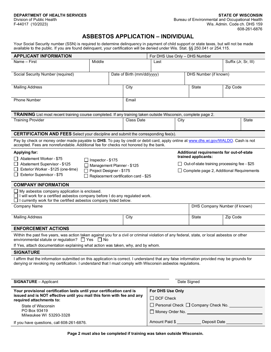 Form F-44017 Asbestos Application - Individual - Wisconsin, Page 1