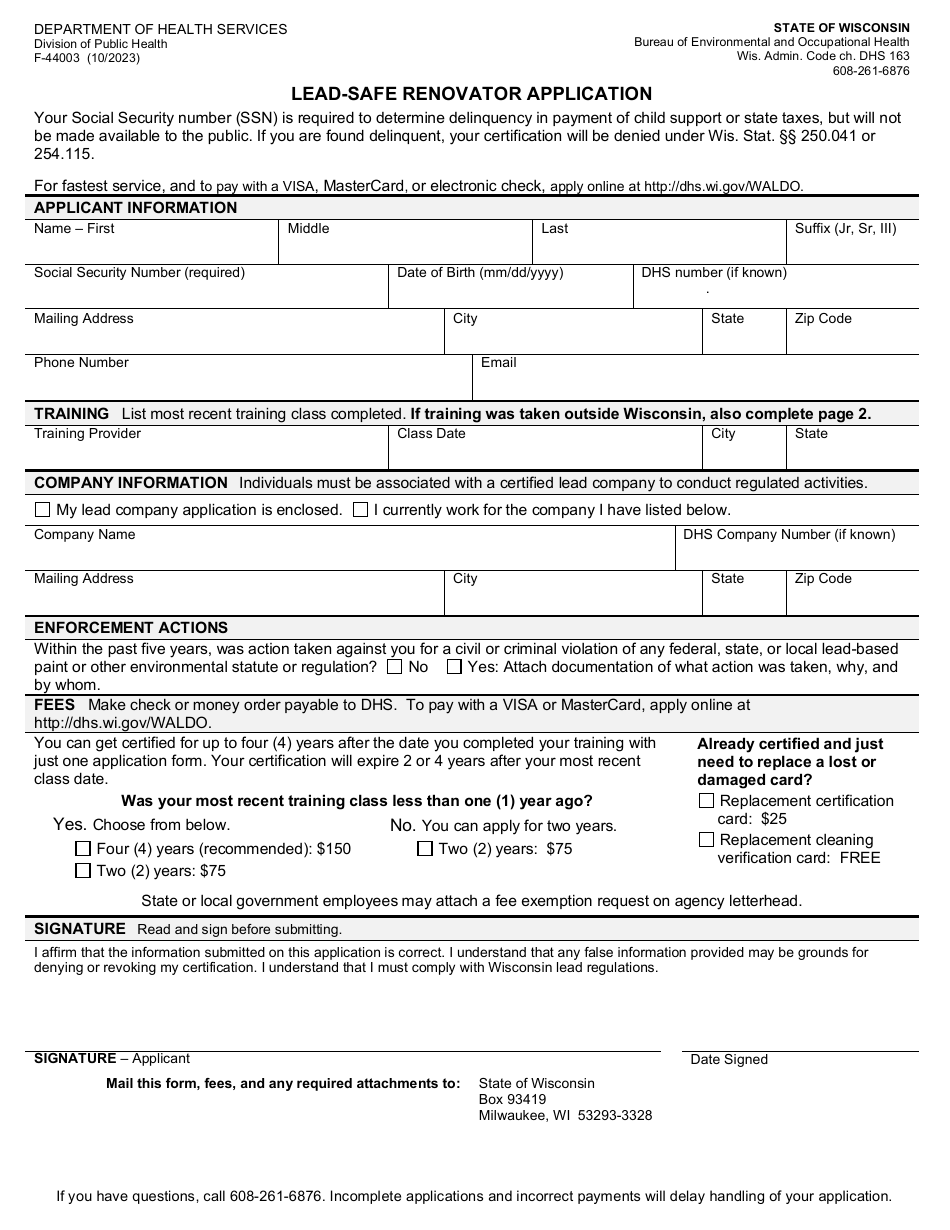 Form F-44003 Lead-Safe Renovator Application - Wisconsin, Page 1