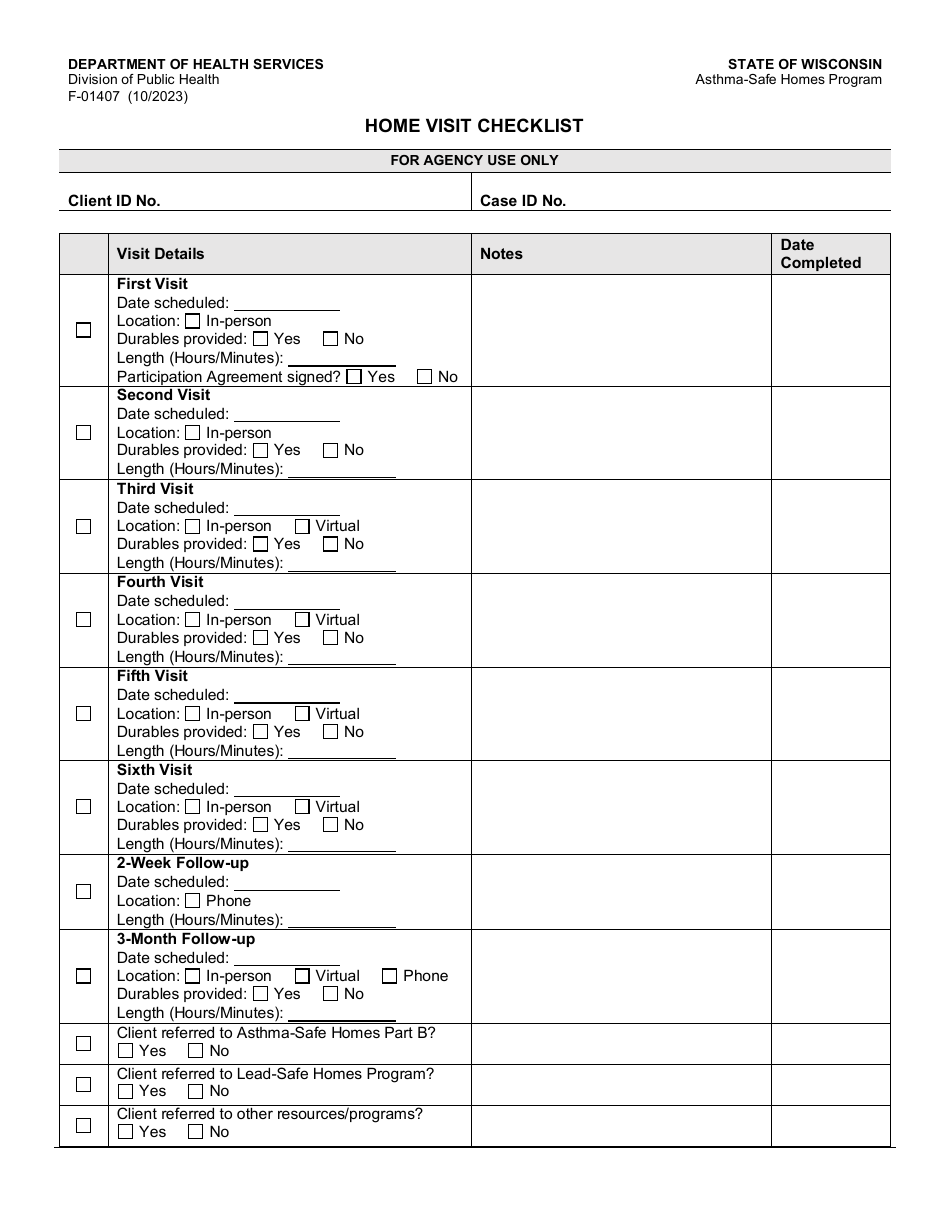 Form F-01407 Home Visit Checklist - Wisconsin, Page 1