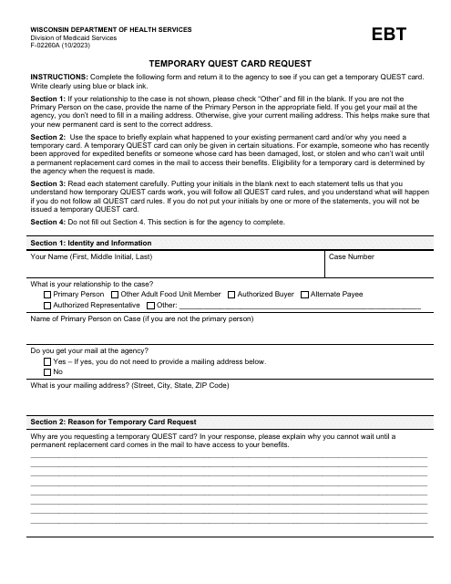 Form F-02260A Temporary Quest Card Request - Wisconsin