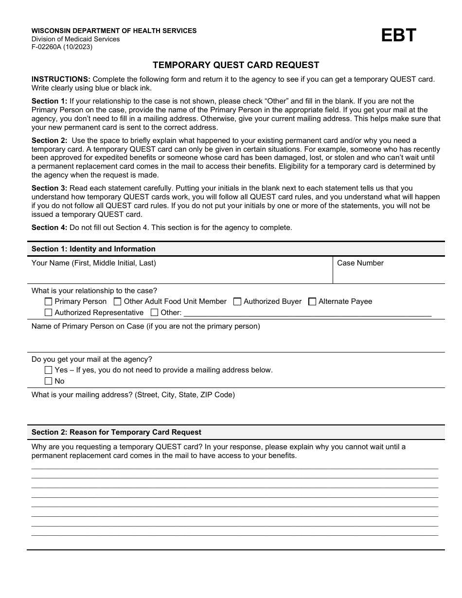 Form F-02260A Temporary Quest Card Request - Wisconsin, Page 1