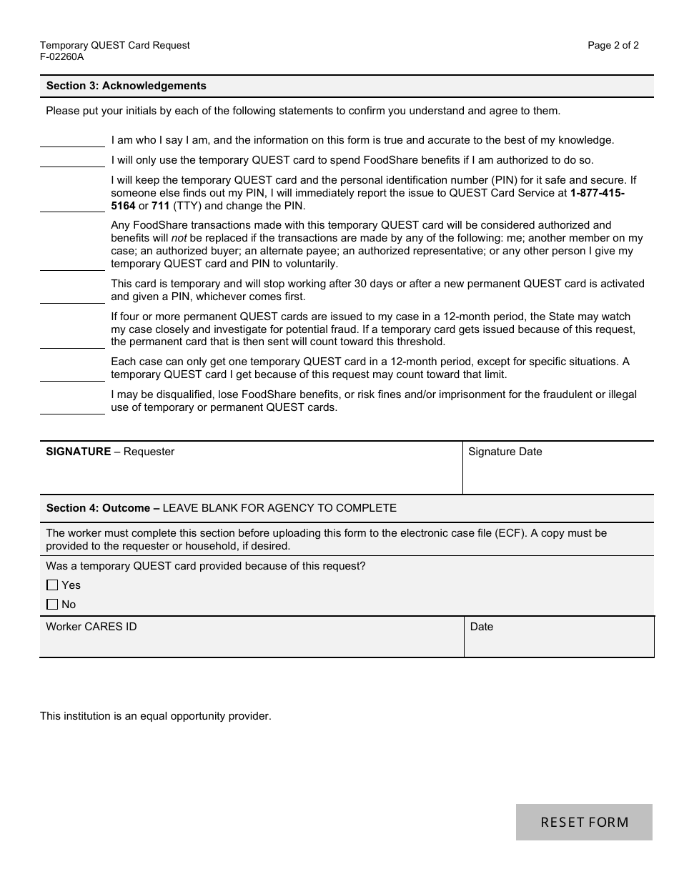Form F-02260A Temporary Quest Card Request - Wisconsin, Page 2