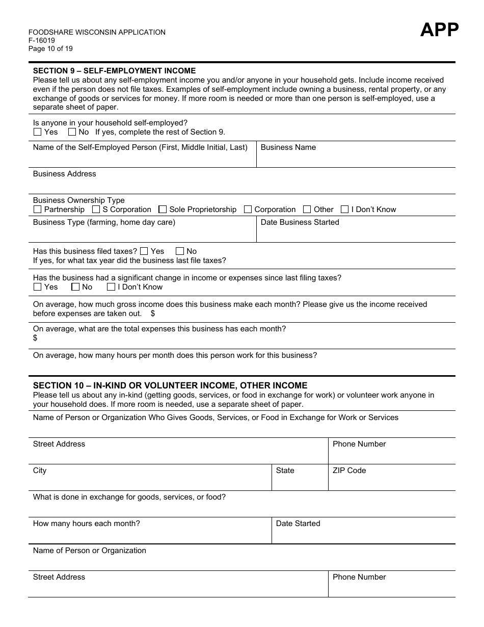 Form F-16019 Wisconsin Foodshare Application - Wisconsin, Page 10