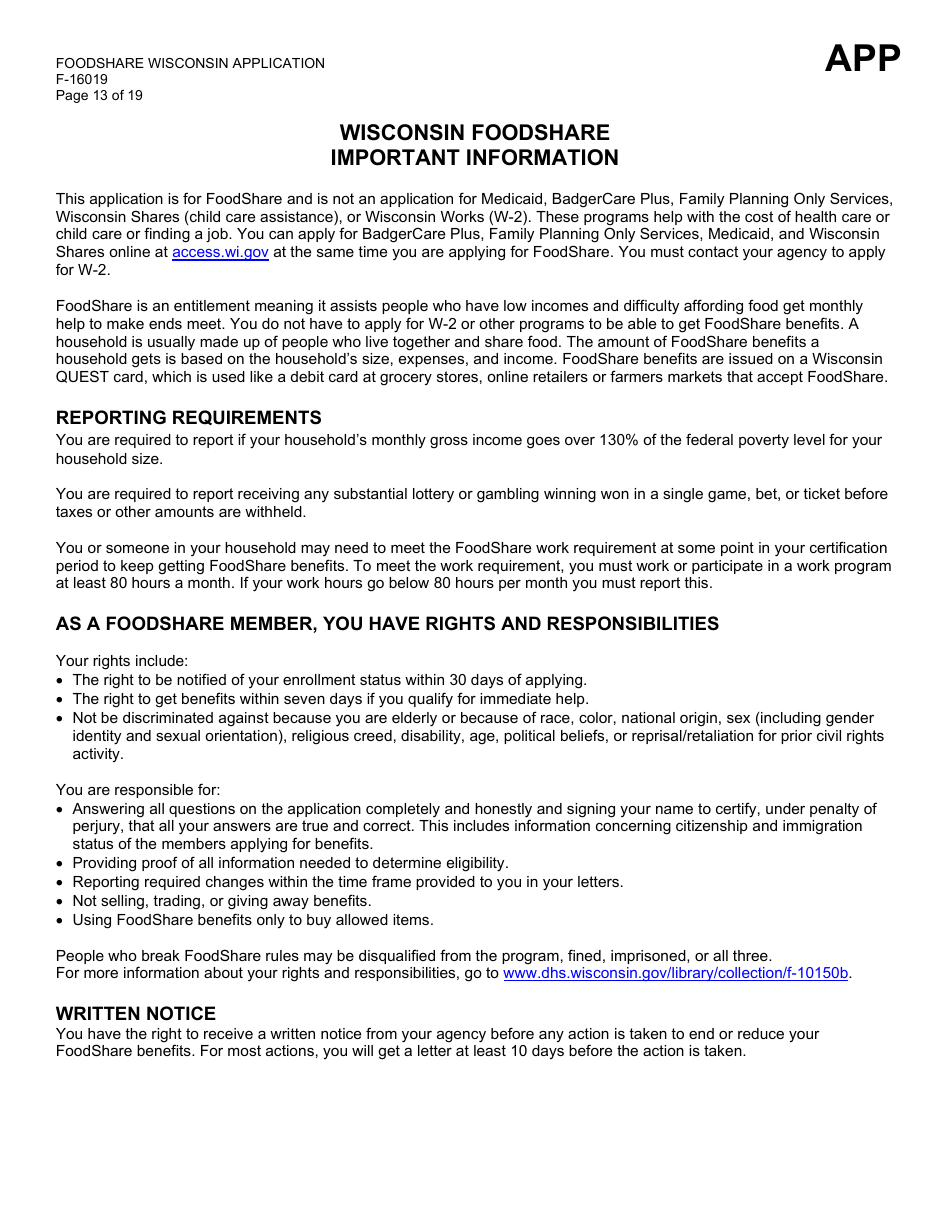 Form F-16019 Wisconsin Foodshare Application - Wisconsin, Page 13