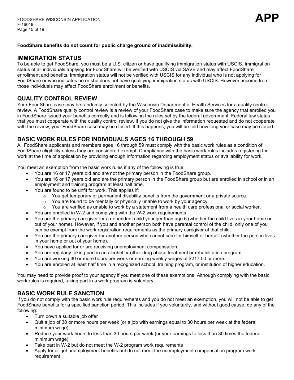 Form F-16019 Wisconsin Foodshare Application - Wisconsin, Page 15