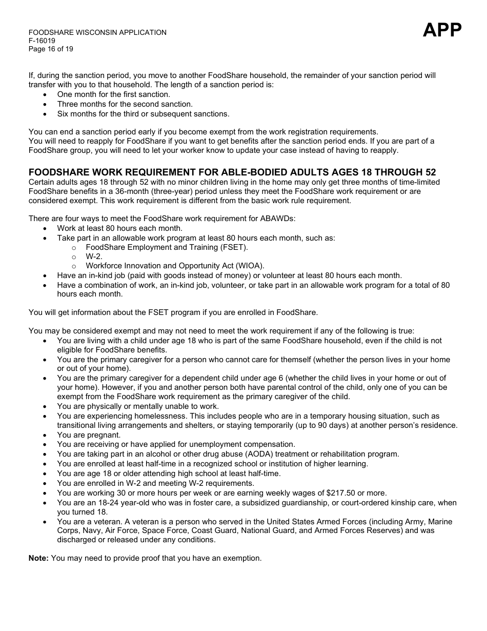 Form F-16019 Wisconsin Foodshare Application - Wisconsin, Page 16