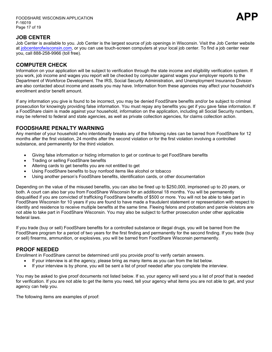 Form F-16019 Wisconsin Foodshare Application - Wisconsin, Page 17