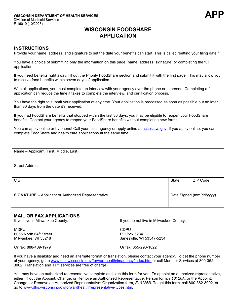 Form F-16019 Wisconsin Foodshare Application - Wisconsin, Page 1